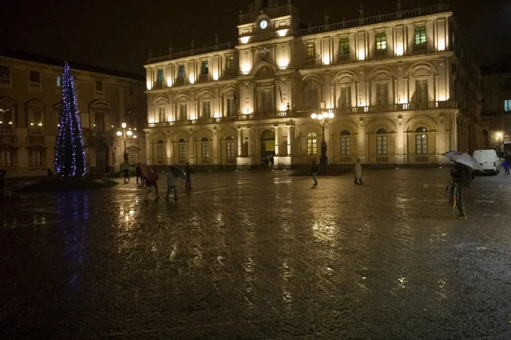 a building with lights on it