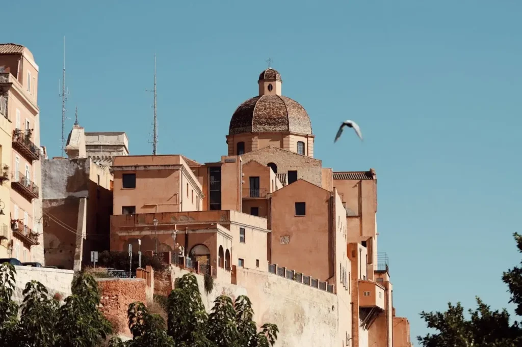 a bird flying over a building in cagliari sardinia